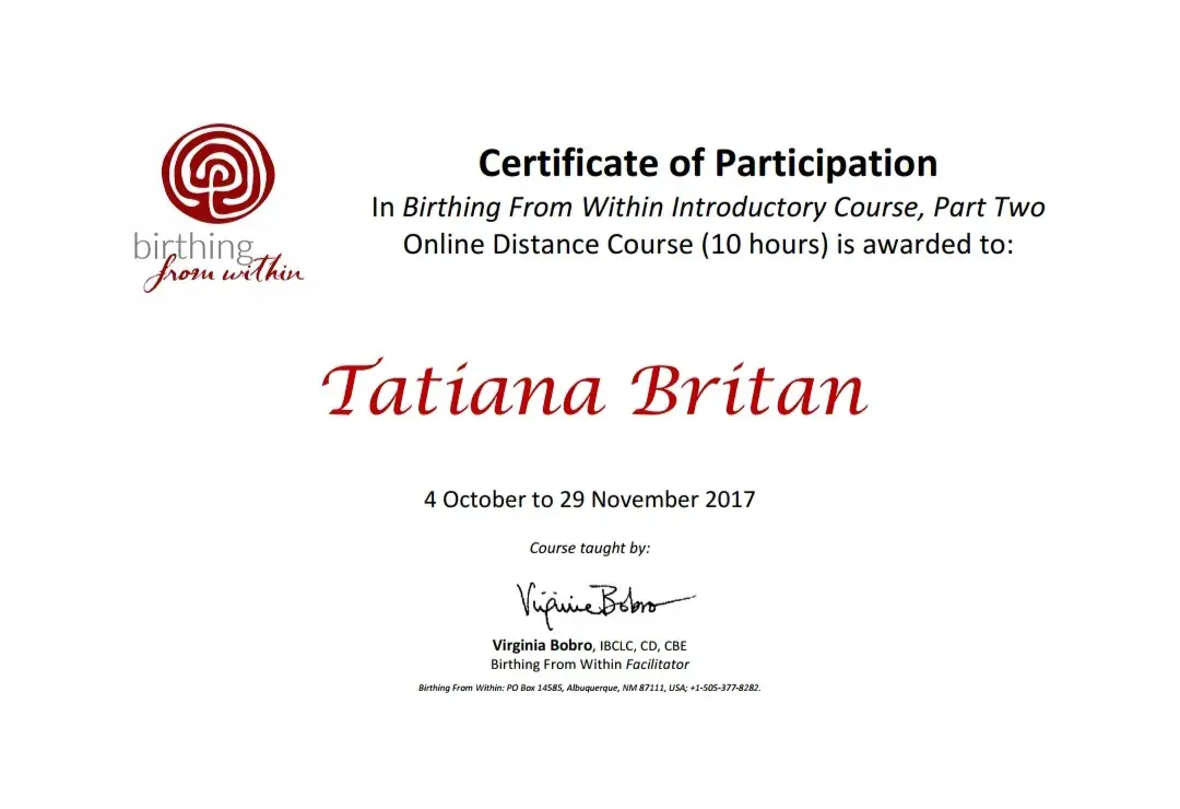 Документ, Birthing From Within Introductory Course, Part Two (10 годин), Birthing From Within, тренерка Virginia Bobro, 2017
