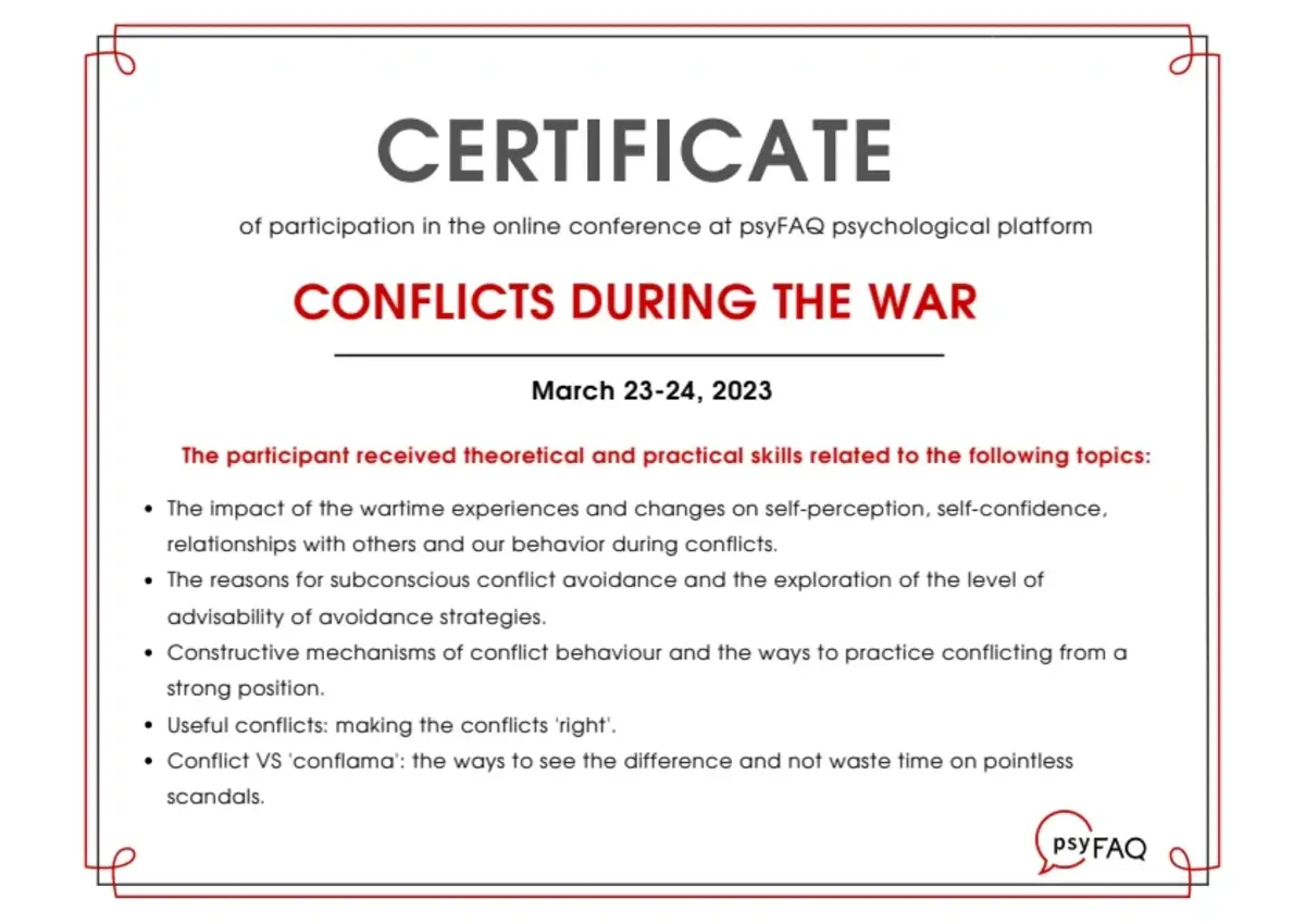 Document, Conflicts During the War, online conference, psyFAQ psychological platform, 2023