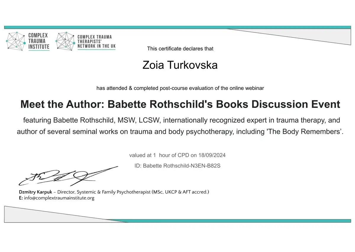 Документ, «Meet the Author: Babette Rothschild's Books Discussion Event», 1 година CPD, Complex Trauma Institute, 2024