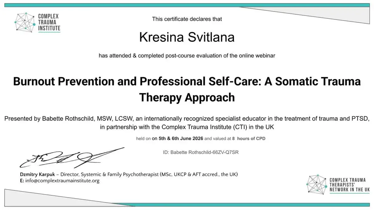 Документ, «Burnout Prevention and Professional Self-Care: A Somatic Trauma Therapy Approach», Babette Rothschild, 8 годин CPD, Complex Trauma Institute, 2026