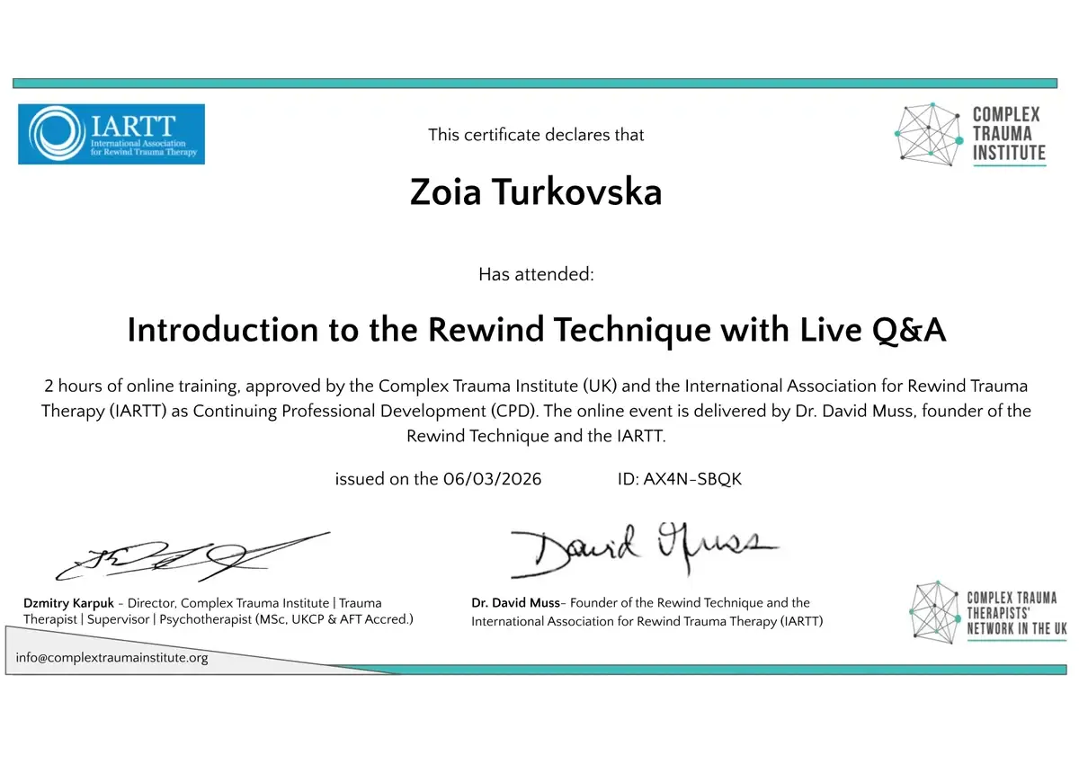 Документ, «Introduction to the Rewind Technique», Dr David Muss, 2 години CPD, Complex Trauma Institute та International Association for Rewind Trauma Therapy, 2026