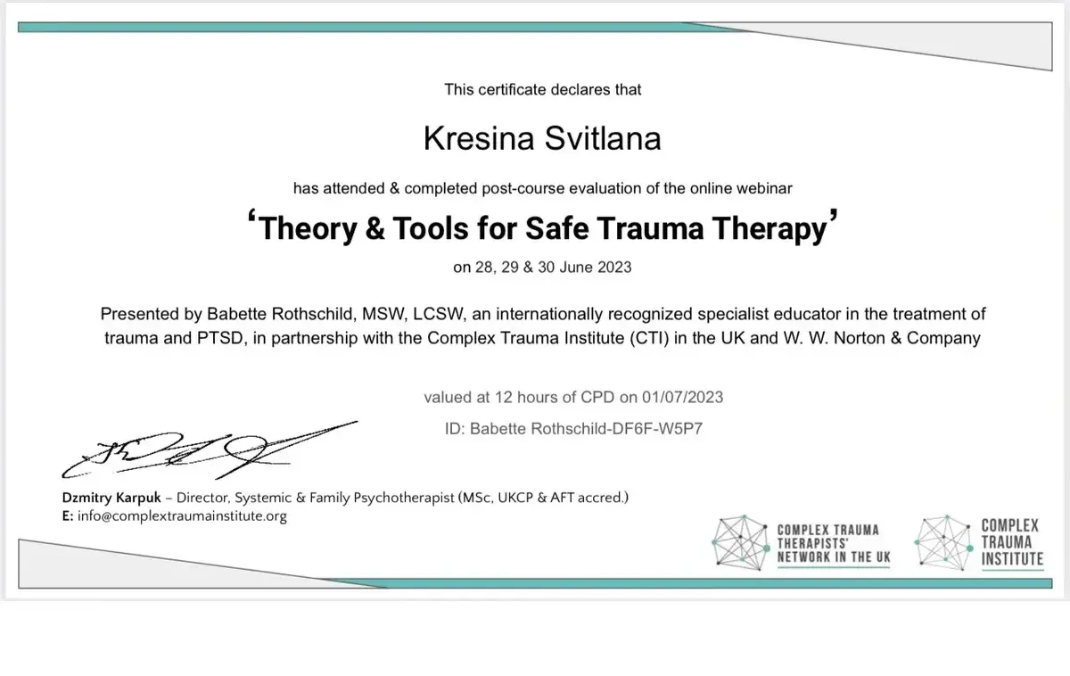 Документ, «Theory & Tools for Safe Trauma Therapy», Babette Rothschild, 12 годин CPD, Complex Trauma Institute, 2023