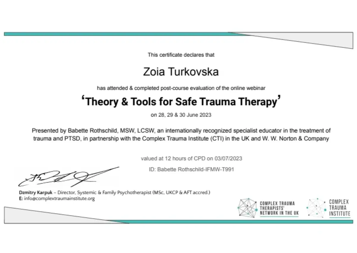 Документ, «Theory & Tools for Safe Trauma Therapy», Babette Rothschild, 12 годин CPD, Complex Trauma Institute, 2023