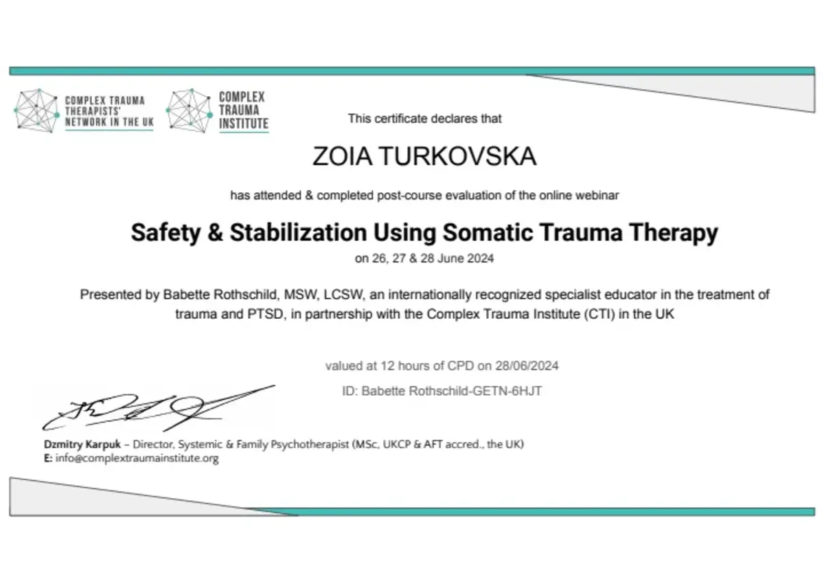 Документ, «Safety & Stabilization Using Somatic Trauma Therapy», Babette Rothschild, 12 годин CPD, Complex Trauma Institute, 2024
