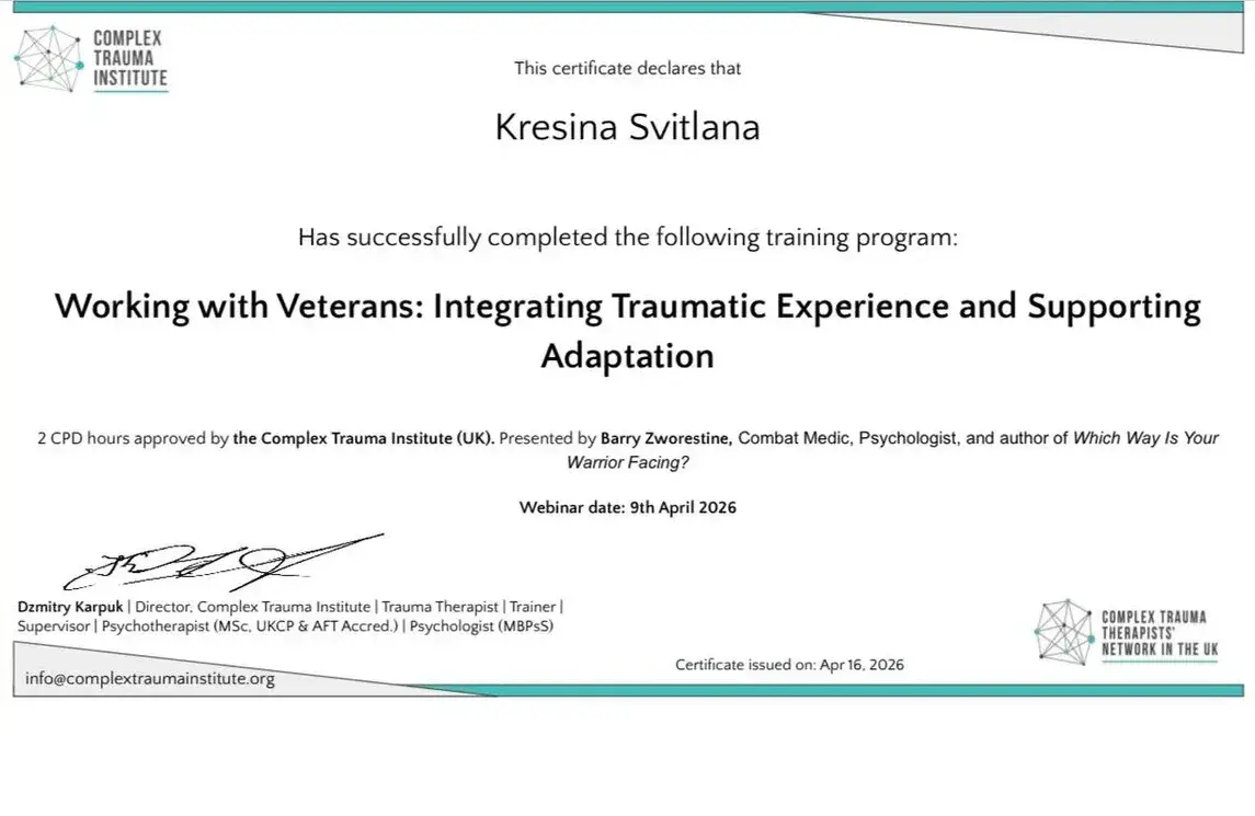 Документ, «Working with Veterans: Integrating Traumatic Experience and Supporting Adaptation», 2 години CPD, Complex Trauma Institute, 2026