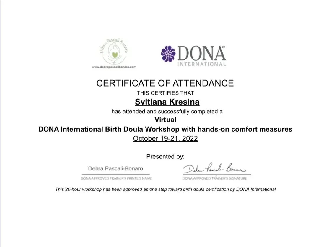 Документ, DONA International Birth Doula Workshop with hands-on comfort measures (20 годин), DONA International, тренерка Debra Pascali-Bonaro, 2022