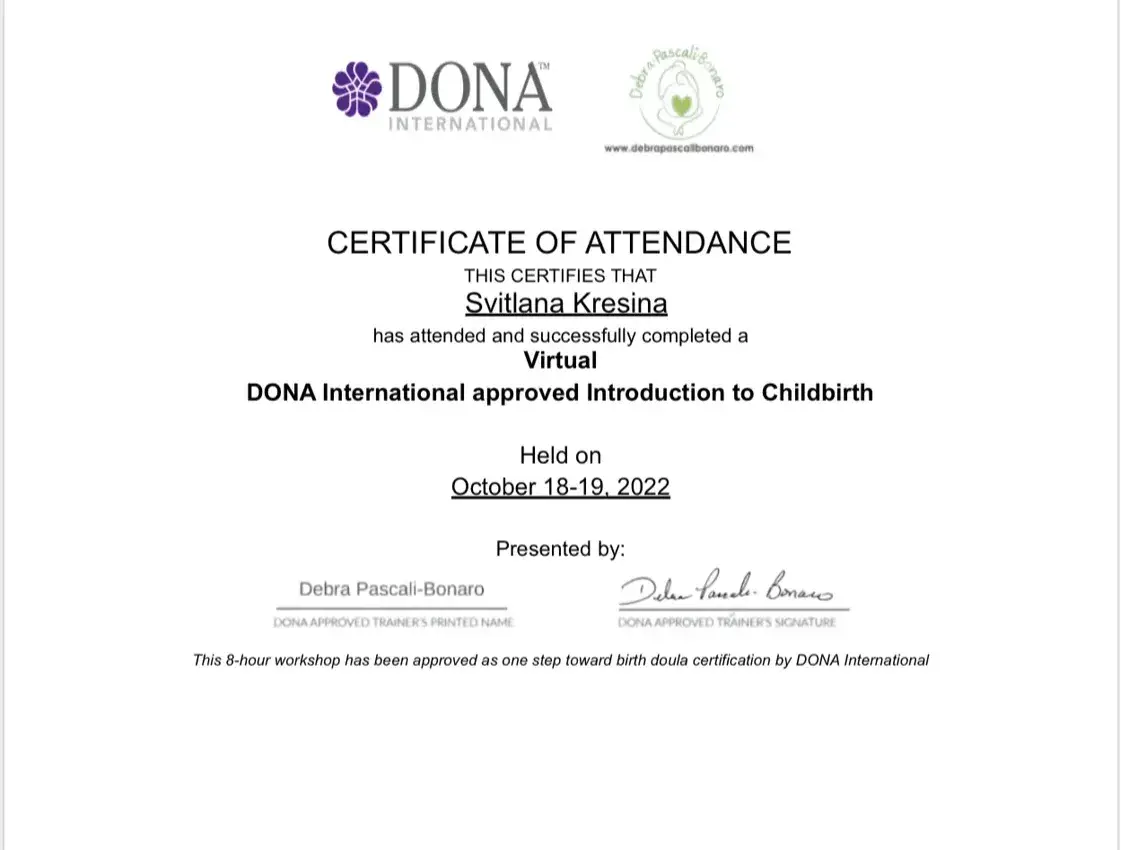 Документ, DONA International approved Introduction to Childbirth (8 годин), DONA International, тренерка Debra Pascali-Bonaro, 2022