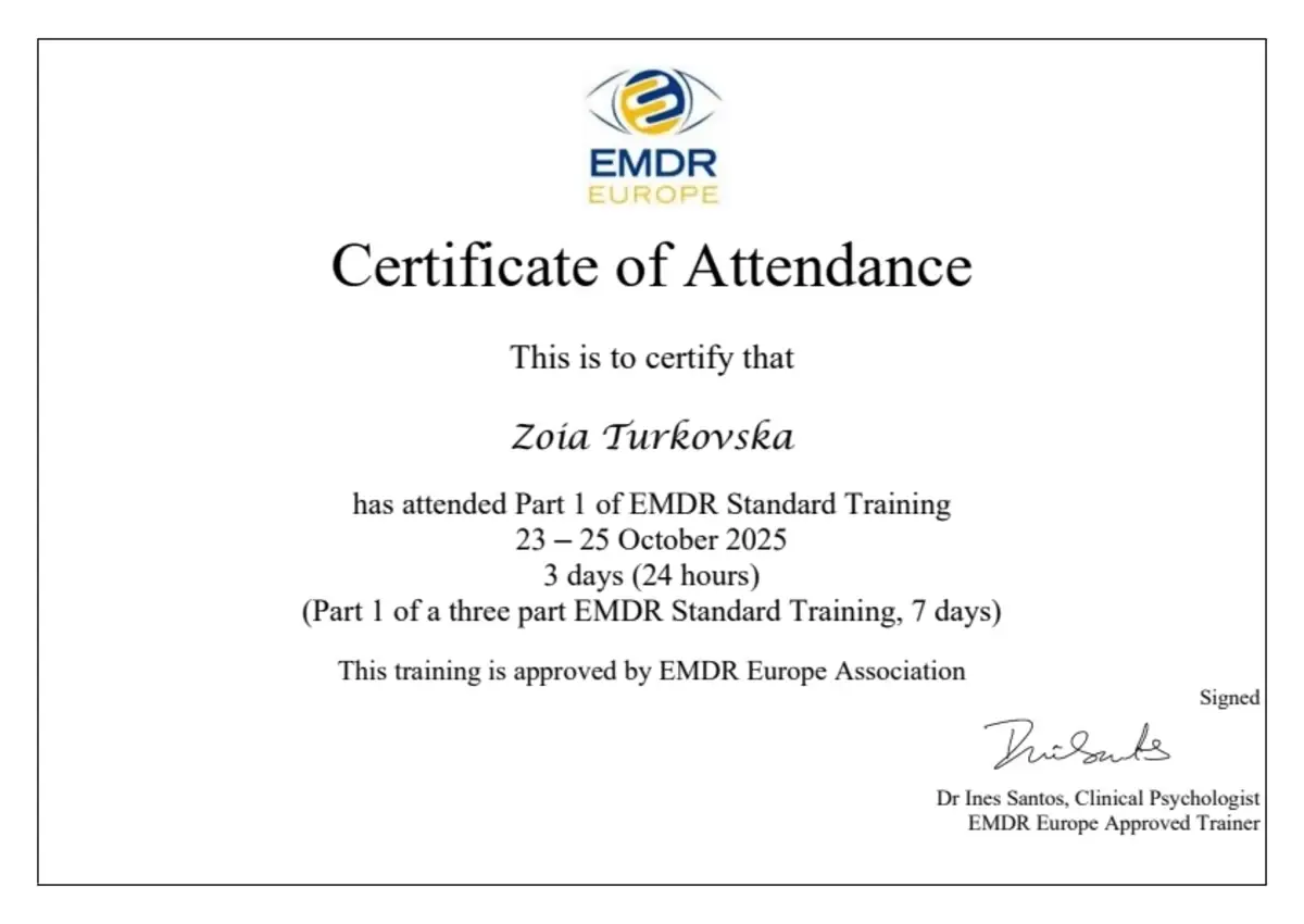 Документ, EMDR Standard Training, частина 1 (24 години), EMDR Europe Association, тренерка Dr Ines Santos, 2025