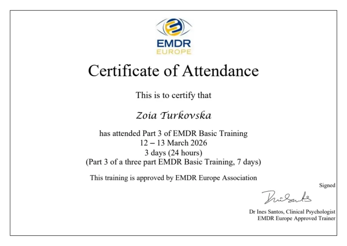 Документ, EMDR Basic Training, частина 3 (24 години), EMDR Europe Association, тренерка Dr Ines Santos, 2026