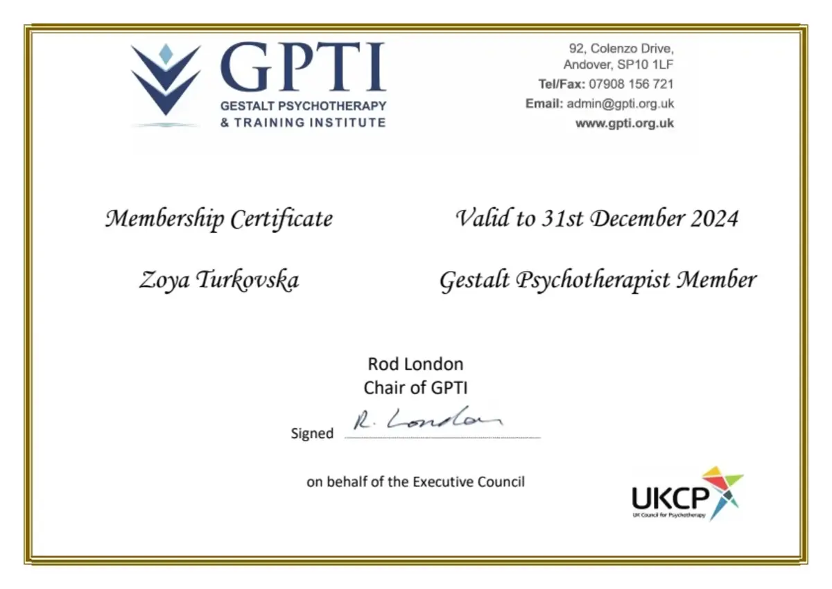 Документ, Членство GPTI, Gestalt Psychotherapist Member, попередній період, Gestalt Psychotherapy & Training Institute, 2024