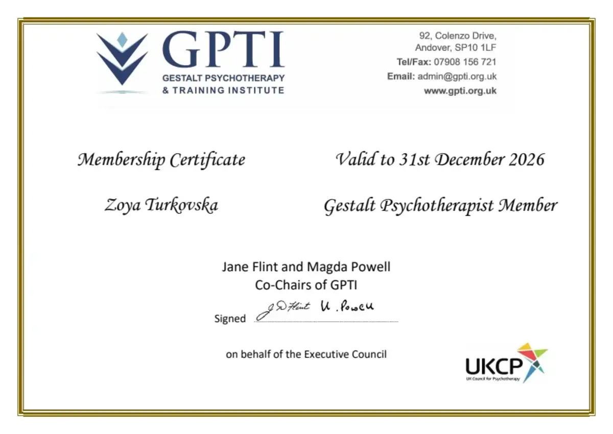 Документ, Членство GPTI, Gestalt Psychotherapist Member, Gestalt Psychotherapy & Training Institute, 2026