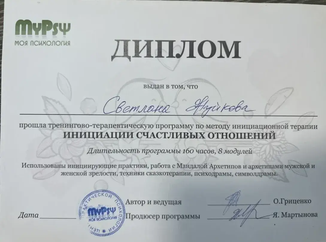 Документ, «Ініціації щасливих стосунків», 160 годин, 8 модулів, Центр практичної психології MyPsy, 2014