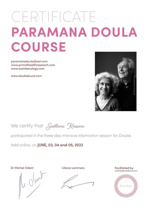 Документ, Paramana Doula Course — триденна інтенсивна програма для доул, Dr Michel Odent та Liliana Lammers, 2022